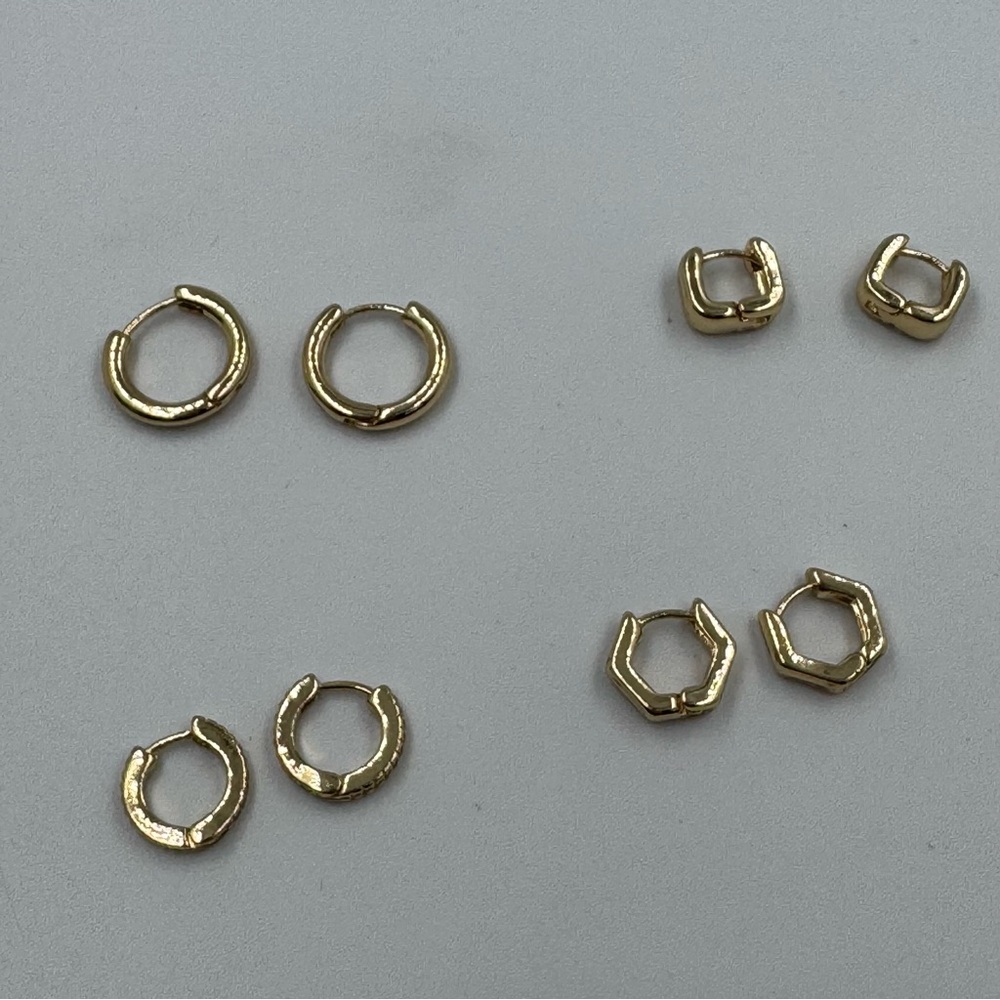 Gold Tone Huggie Earrings Set of 4 Small Pairs For Pierced Ears Various Shapes